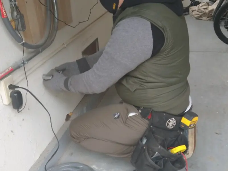 Electrician performing outlet wiring in a Victorville garage